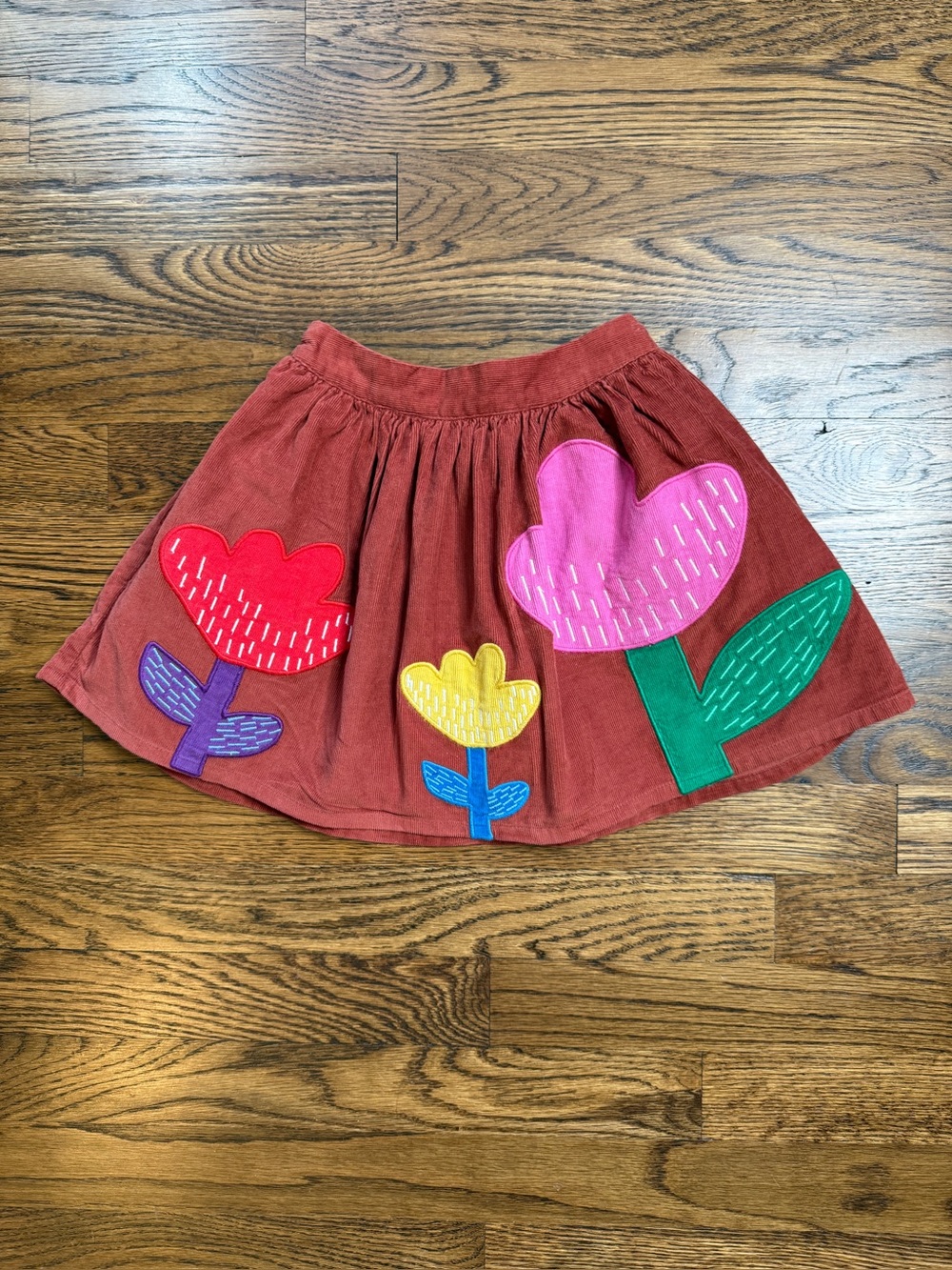 Mini Boden Girls Brown Corduroy Floral Appliqué Fully Lined Skirt w/ Pockets 4-5